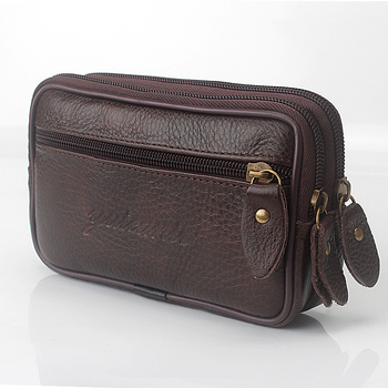 Muška pojasna torbica za telefon i ID, prirodna koža, vodoravni kvadratni oblik, zatvarač, poliester podstava od poliester