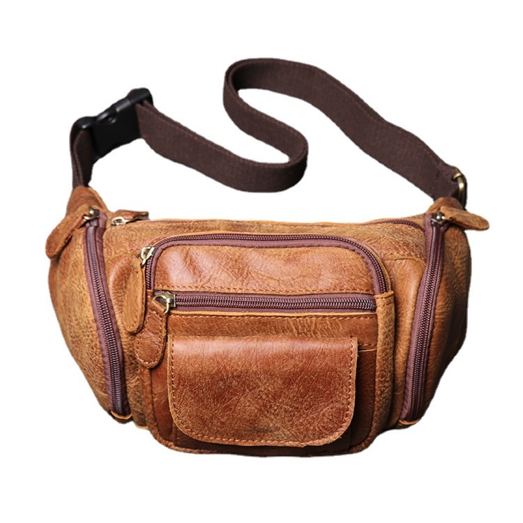 Muška torbica oko struka od prave kože - prvi sloj kravlje kože, džep za 8-inčni laptop, jednobojna, platnena podstava, crossbody torba preko ramena