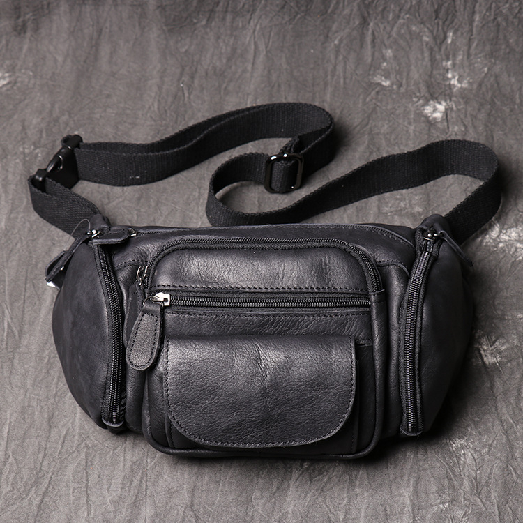 Muška torbica oko struka od prave kože - prvi sloj kravlje kože, džep za 8-inčni laptop, jednobojna, platnena podstava, crossbody torba preko ramena