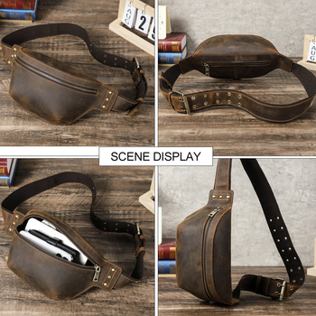 Geantă de talie pentru bărbați din piele Crazy Horse, stil retro, respirabilă și impermeabilă, căptușită cu poliester