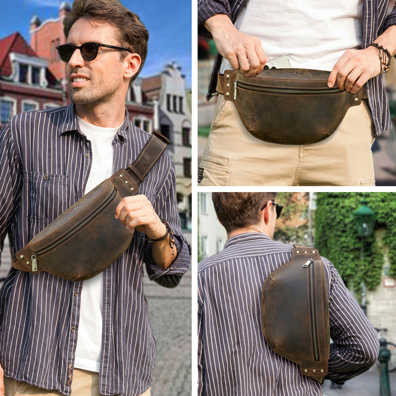 Geantă de talie pentru bărbați din piele Crazy Horse, stil retro, respirabilă și impermeabilă, căptușită cu poliester