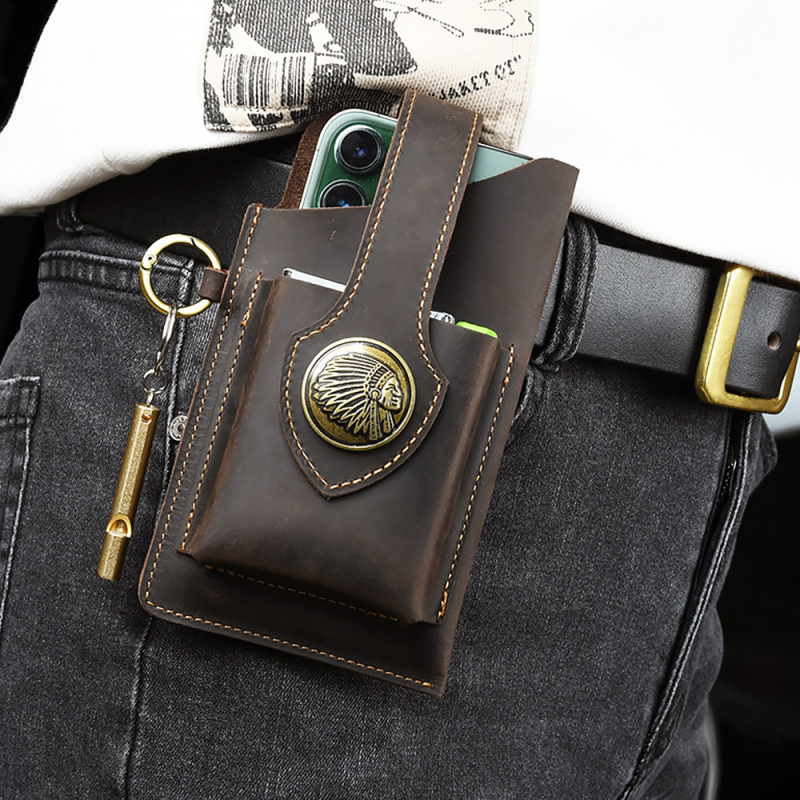 Geantă de talie sport din piele naturală, primul strat de piele de vițel, respirabilă și rezistentă la uzură, pentru bărbați, stil retro pentru activități în aer liber, brand Aipi Tribe