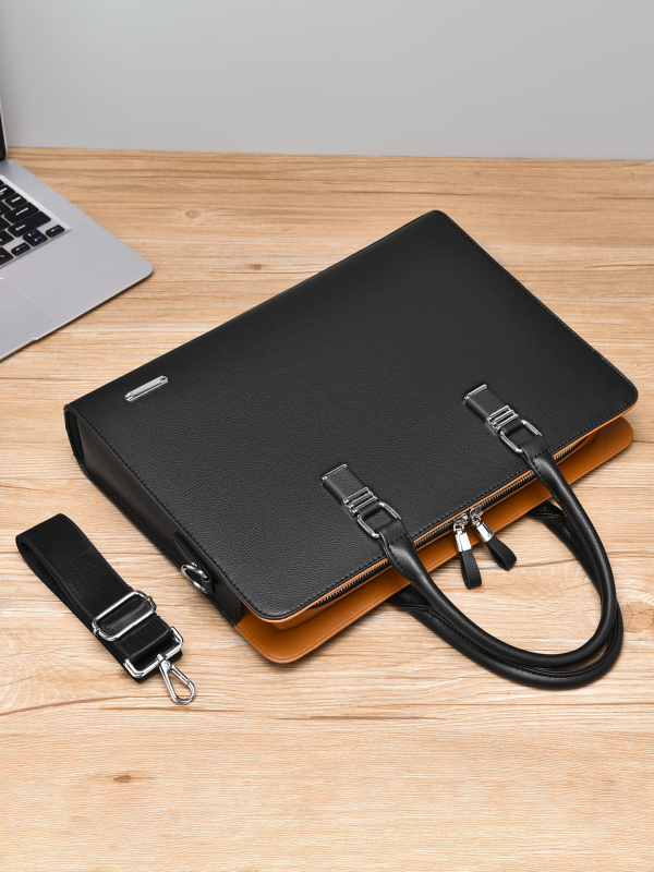 Geantă de afaceri cu stil urban minimalist, piele autentică, capacitate mare, căptușeală din poliester, rezistentă la uzură.