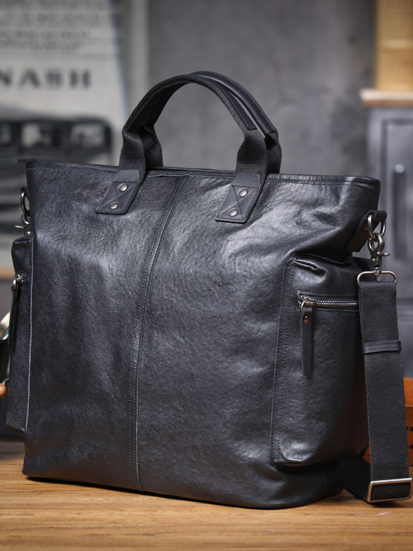 Férfi bőr üzleti táska, felső réteg marhabőrből, növényi pácolt bőr, egyszínű dizájn, poliészter–gyapot belső, ideális üzleti utakhoz