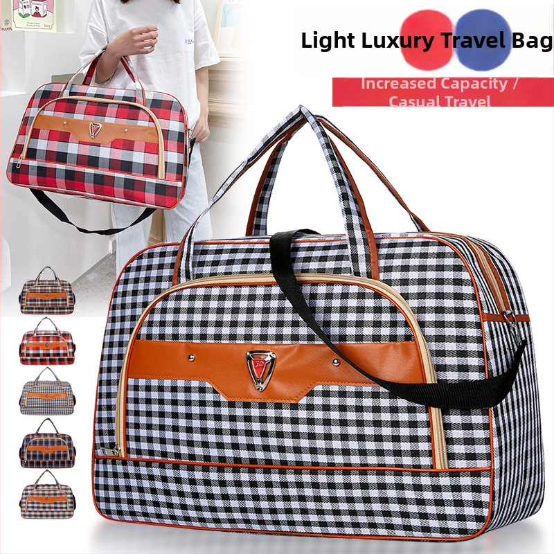 Cestovná taška pod 20 l s hliníkovým rámom na otváranie, zámok, jednoramenný popruh, mäkká rukoväť, polyester, károvany vzor, Oxford podšívka