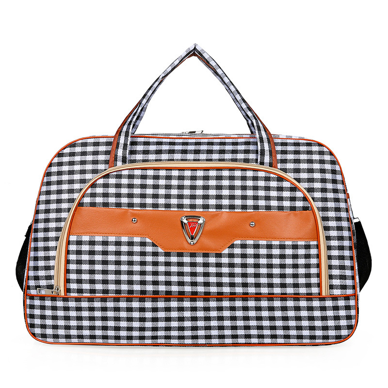 Cestovná taška pod 20 l s hliníkovým rámom na otváranie, zámok, jednoramenný popruh, mäkká rukoväť, polyester, károvany vzor, Oxford podšívka