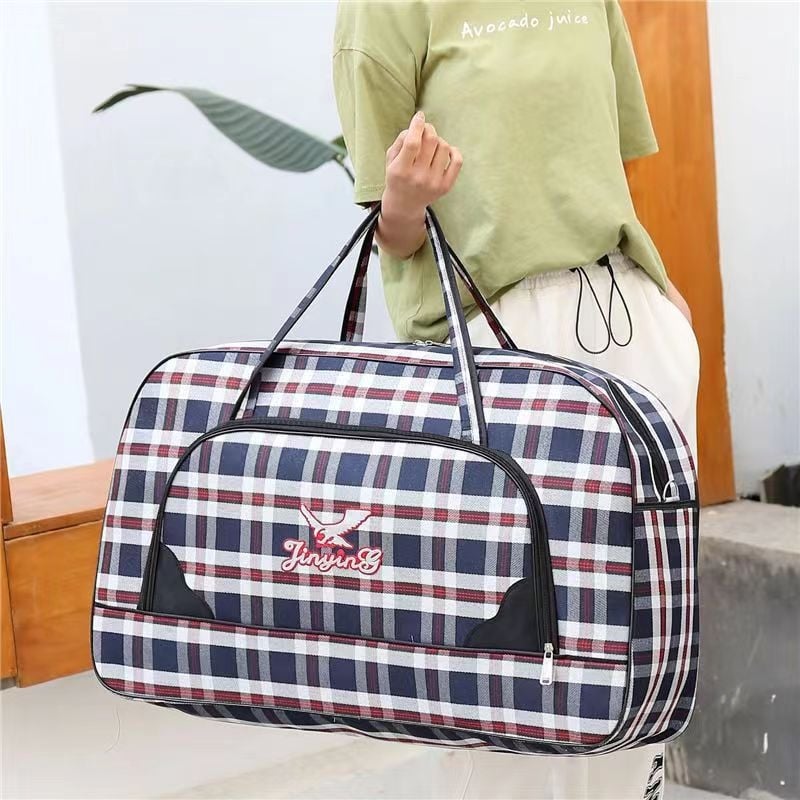 Uniszex vászon utazótáska kockás mintával, Modell 030, szabadidős utazásokhoz
