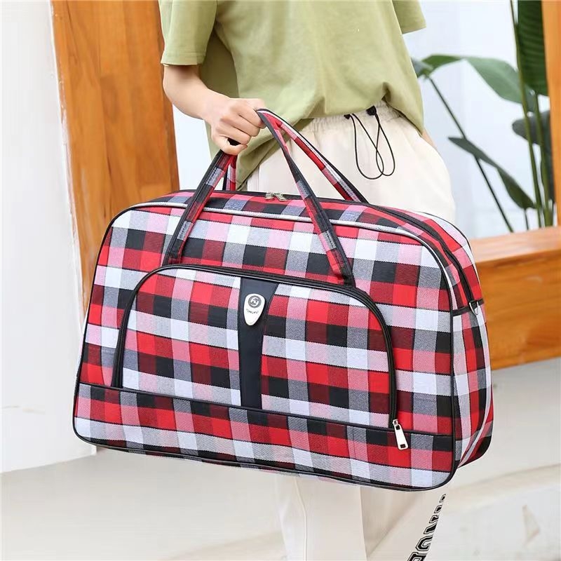 Uniszex vászon utazótáska kockás mintával, Modell 030, szabadidős utazásokhoz