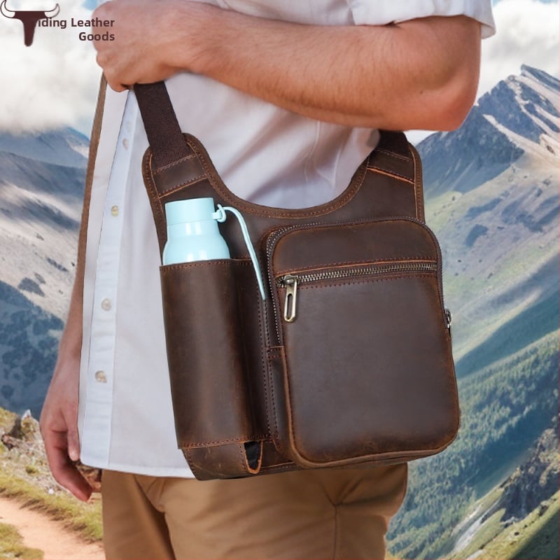 Geantă crossbody din piele naturală pentru bărbați — Piele naturală, Rezistență la uzură, Model solid, Căptușeală poliester