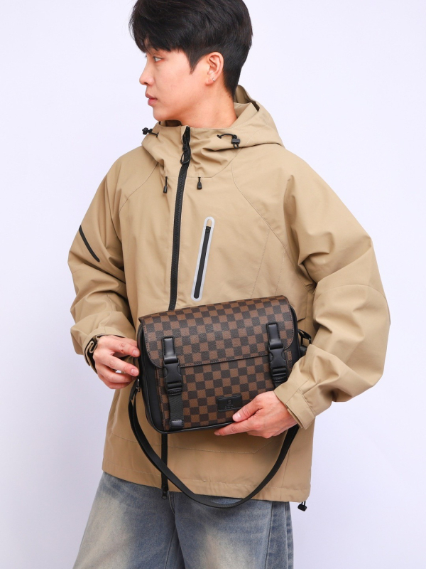 Muška crossbody torba s kariranim uzorkom, višenamjenska, vodootporna, zaštita od krađe, protuzemljosna, PU materijal, podstava od poliestera - Green Grassland