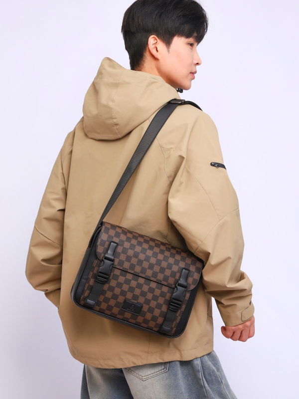 Muška crossbody torba s kariranim uzorkom, višenamjenska, vodootporna, zaštita od krađe, protuzemljosna, PU materijal, podstava od poliestera - Green Grassland