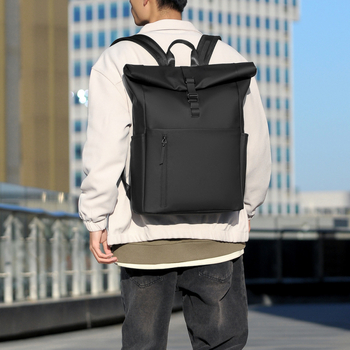 Rucsac cu rol-top pentru laptop, unisex, 20–35L, accente din piele PU, curele umăr curbate, pentru călătorii de afaceri