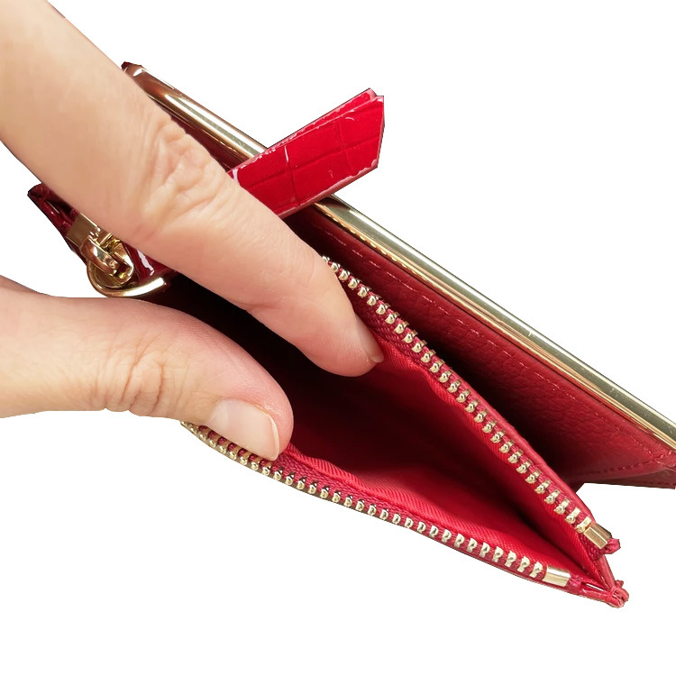 Waniuar ženski novčanik od prve sloje goveđe kože, kompaktni novčanik u stilu clutcha, teksturirana površina, poliester podstava