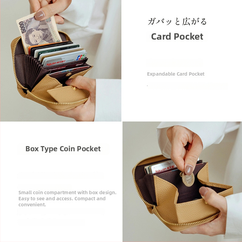 Дамски кожен портфейл с акордеонни отделения за карти и монети, японски стил (Първи слой телешка кожа; естествена кожа; подплата: синтетична кожа; едноцветен модел)