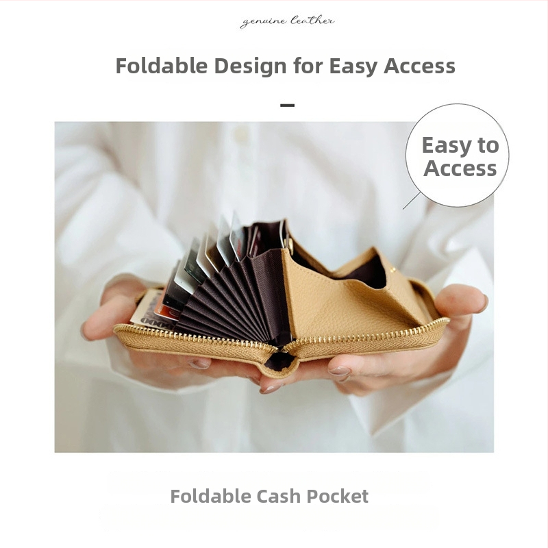 Дамски кожен портфейл с акордеонни отделения за карти и монети, японски стил (Първи слой телешка кожа; естествена кожа; подплата: синтетична кожа; едноцветен модел)