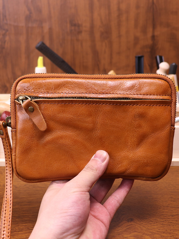 Magidon Ženska kožna clutch torbica od prave kože s rastlinskim premazom, horizontalni kvadratni oblik, zatvarač za otvaranje, unutarnji džep sa zatvaračem