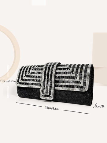 Ženska luksuzna večernja clutch torbica s kristalima, gradski minimalistički stil, materijal: Greet, horizontalni kvadratni oblik, magnetska kopča, džep za telefon