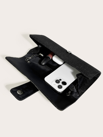 Ženska luksuzna večernja clutch torbica s kristalima, gradski minimalistički stil, materijal: Greet, horizontalni kvadratni oblik, magnetska kopča, džep za telefon