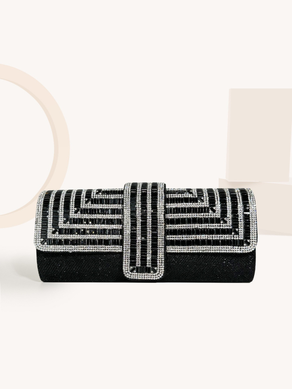 Ženska luksuzna večernja clutch torbica s kristalima, gradski minimalistički stil, materijal: Greet, horizontalni kvadratni oblik, magnetska kopča, džep za telefon