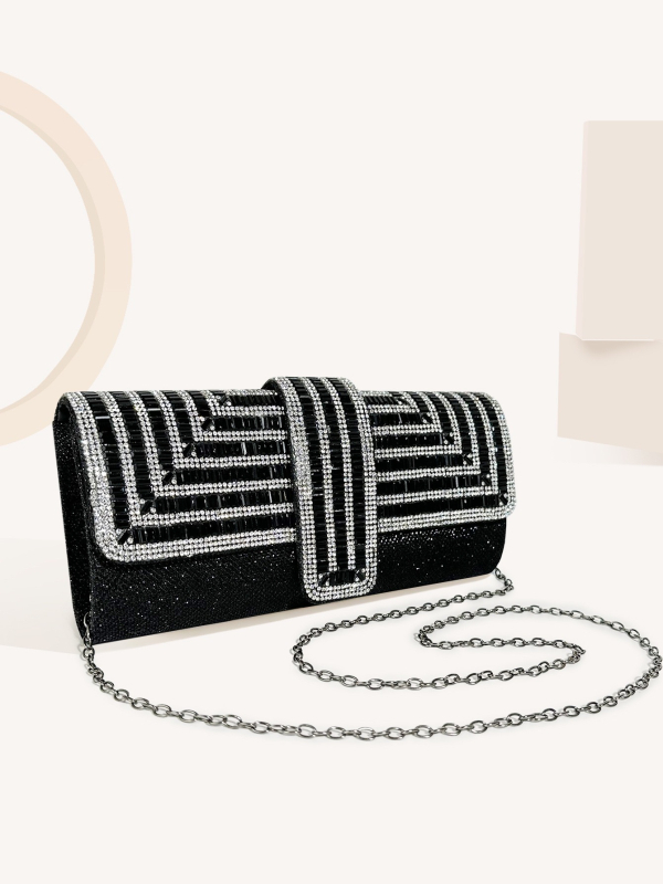 Ženska luksuzna večernja clutch torbica s kristalima, gradski minimalistički stil, materijal: Greet, horizontalni kvadratni oblik, magnetska kopča, džep za telefon