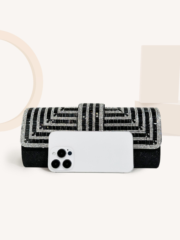 Ženska luksuzna večernja clutch torbica s kristalima, gradski minimalistički stil, materijal: Greet, horizontalni kvadratni oblik, magnetska kopča, džep za telefon