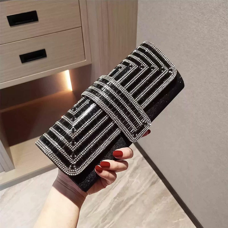 Ženska luksuzna večernja clutch torbica s kristalima, gradski minimalistički stil, materijal: Greet, horizontalni kvadratni oblik, magnetska kopča, džep za telefon