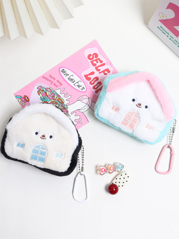 Портмоне за монети с форма на къща, от полиестер, еднотонна текстура, чанта за слушалки и кабели, лека и удобна, висулка за ученическа раница за момичета