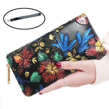 Ženski PU kožni clutch novčanik s dugim zatvaračem, reljefni retro uzorak, velik kapacitet