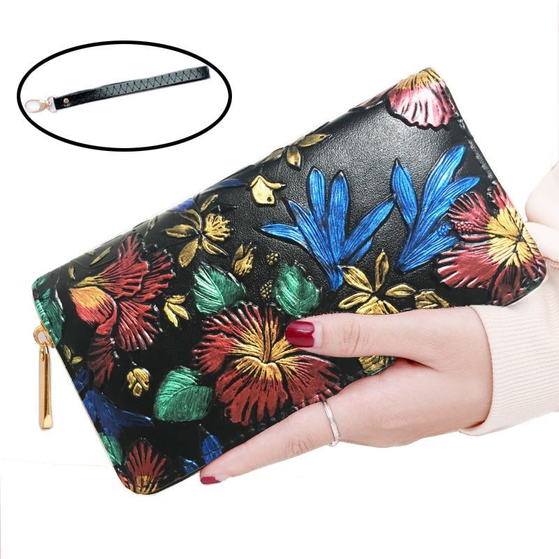Ženski PU kožni clutch novčanik s dugim zatvaračem, reljefni retro uzorak, velik kapacitet