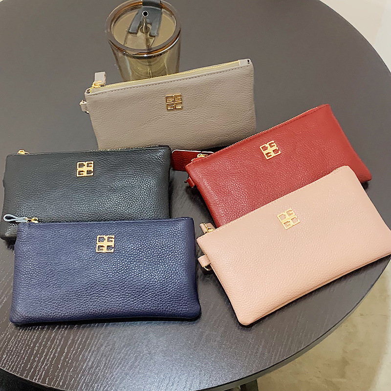 Geantă clutch din piele naturală pentru femei, mică, pătrată, închidere cu fermoar, căptușeală poliester, piele de vită a primului strat, buzunar interior