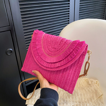 Geantă clutch din pai, cu capac, stil urban, formă orizontală pătrată