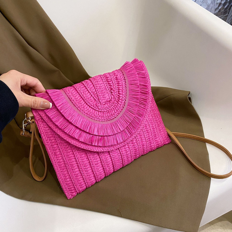 Geantă clutch din pai, cu capac, stil urban, formă orizontală pătrată