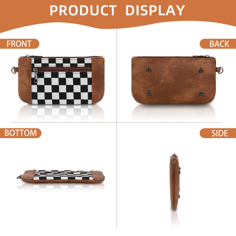 Női PU checkerboard clutch táska, négyszögletes forma, cipzár, nagy kapacitás