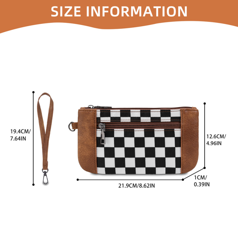 Női PU checkerboard clutch táska, négyszögletes forma, cipzár, nagy kapacitás
