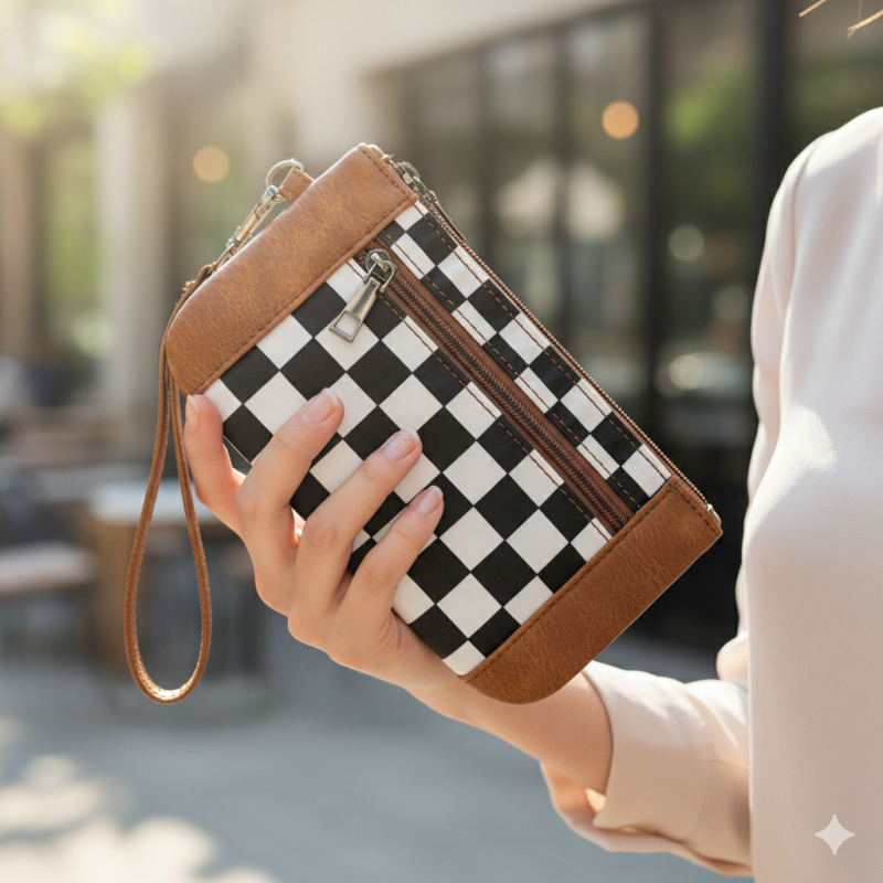Női PU checkerboard clutch táska, négyszögletes forma, cipzár, nagy kapacitás