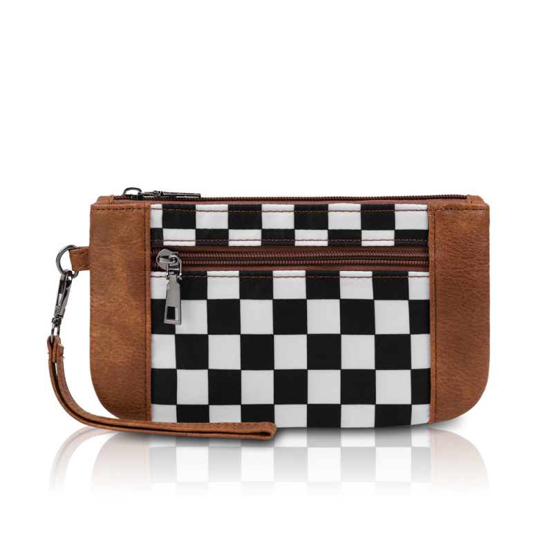 Női PU checkerboard clutch táska, négyszögletes forma, cipzár, nagy kapacitás