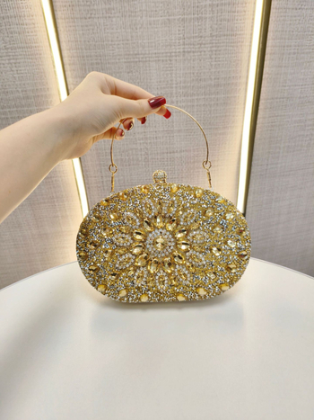 Crossbody estélyes clutch táska, Box-stílus, ovális alak, poliészter, nyitott zárás, belső zsebek telefonra és személyi igazolványra, merev kivitel, 2025 tavasz