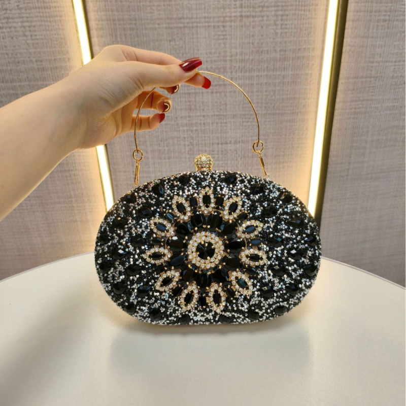 Crossbody estélyes clutch táska, Box-stílus, ovális alak, poliészter, nyitott zárás, belső zsebek telefonra és személyi igazolványra, merev kivitel, 2025 tavasz