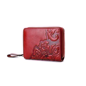 Γυναικείο πορτοφόλι από πρώτο στρώμα βοδινού δέρματος, κοντό, με φλοράλ μοτίβο, πολλές θέσεις για κάρτες, επένδυση πολυεστέρα