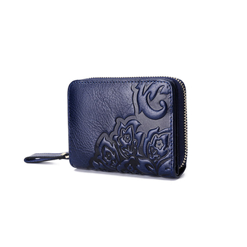 Γυναικείο πορτοφόλι από πρώτο στρώμα βοδινού δέρματος, κοντό, με φλοράλ μοτίβο, πολλές θέσεις για κάρτες, επένδυση πολυεστέρα