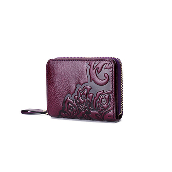 Γυναικείο πορτοφόλι από πρώτο στρώμα βοδινού δέρματος, κοντό, με φλοράλ μοτίβο, πολλές θέσεις για κάρτες, επένδυση πολυεστέρα