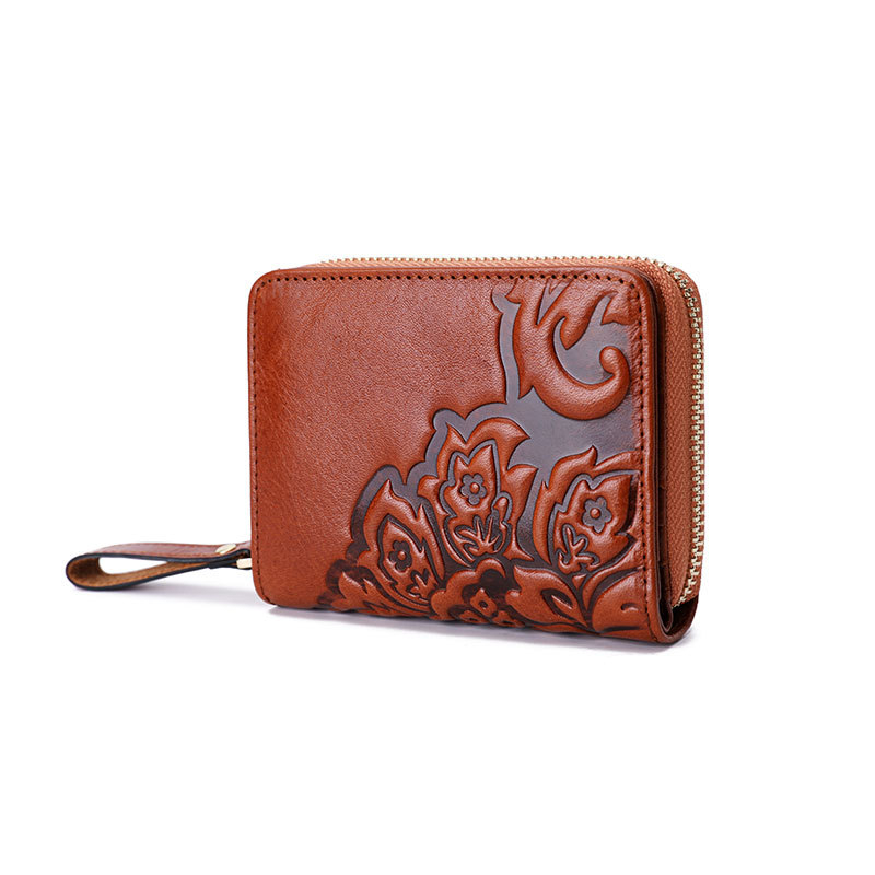 Γυναικείο πορτοφόλι από πρώτο στρώμα βοδινού δέρματος, κοντό, με φλοράλ μοτίβο, πολλές θέσεις για κάρτες, επένδυση πολυεστέρα