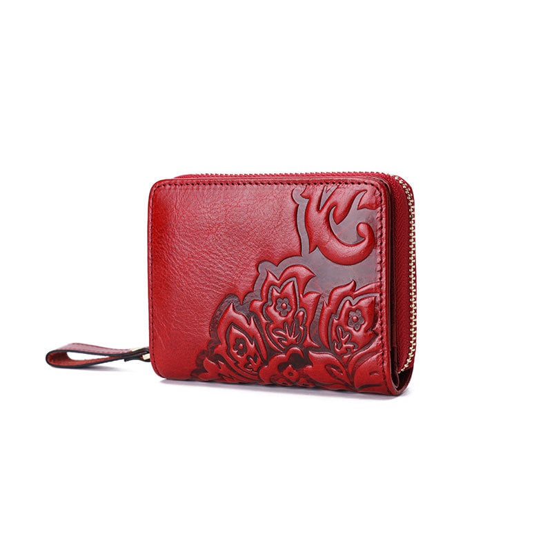 Γυναικείο πορτοφόλι από πρώτο στρώμα βοδινού δέρματος, κοντό, με φλοράλ μοτίβο, πολλές θέσεις για κάρτες, επένδυση πολυεστέρα