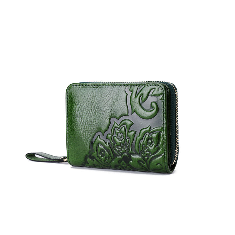 Γυναικείο πορτοφόλι από πρώτο στρώμα βοδινού δέρματος, κοντό, με φλοράλ μοτίβο, πολλές θέσεις για κάρτες, επένδυση πολυεστέρα