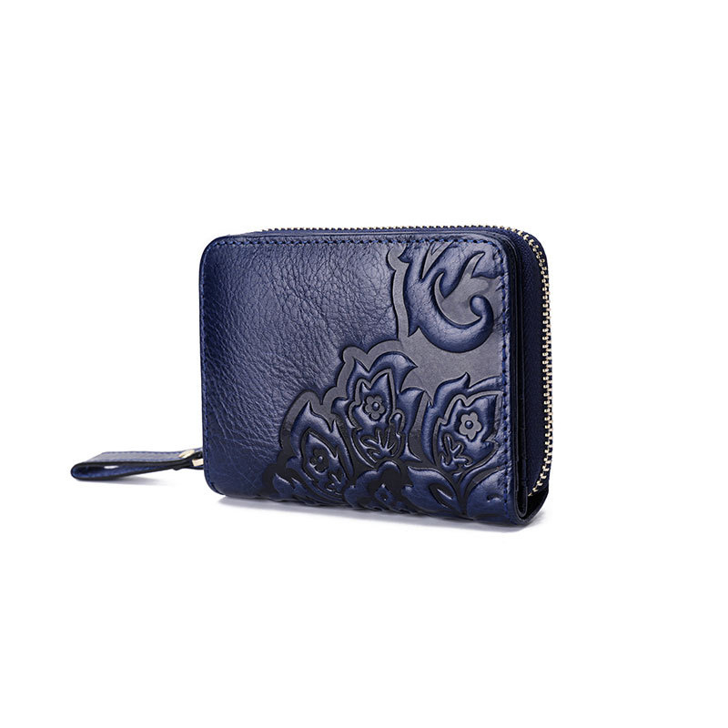 Γυναικείο πορτοφόλι από πρώτο στρώμα βοδινού δέρματος, κοντό, με φλοράλ μοτίβο, πολλές θέσεις για κάρτες, επένδυση πολυεστέρα