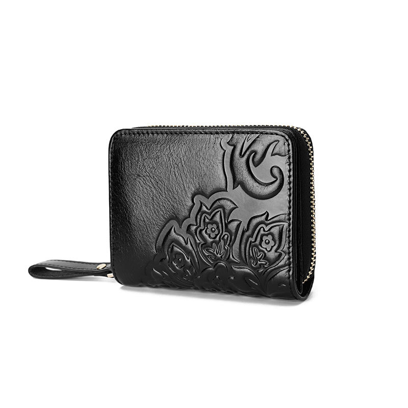 Γυναικείο πορτοφόλι από πρώτο στρώμα βοδινού δέρματος, κοντό, με φλοράλ μοτίβο, πολλές θέσεις για κάρτες, επένδυση πολυεστέρα