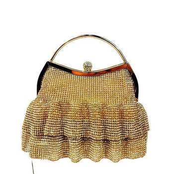 Ženska večernja clutch torbica od metala, ukrašena dijamantima, oblik školjke, zatvaranje kopčom, unutarnje džepove za telefon i kameru