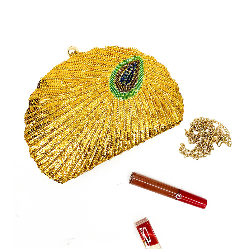 Geantă în formă de scoică, stil chinezesc, lucrată manual cu paiete, închidere cu lacăt, poliester, compartimente pentru telefon și pentru card de identificare