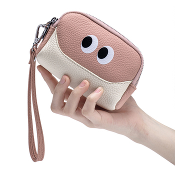 Novčanik za kovance s tri zipa, od prave kože (prvi sloj teleće kože), poliester podstava, ženski dnevni clutch