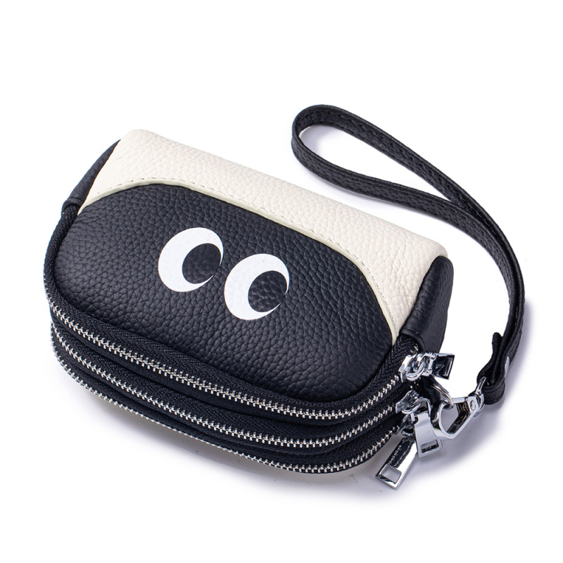 Novčanik za kovance s tri zipa, od prave kože (prvi sloj teleće kože), poliester podstava, ženski dnevni clutch